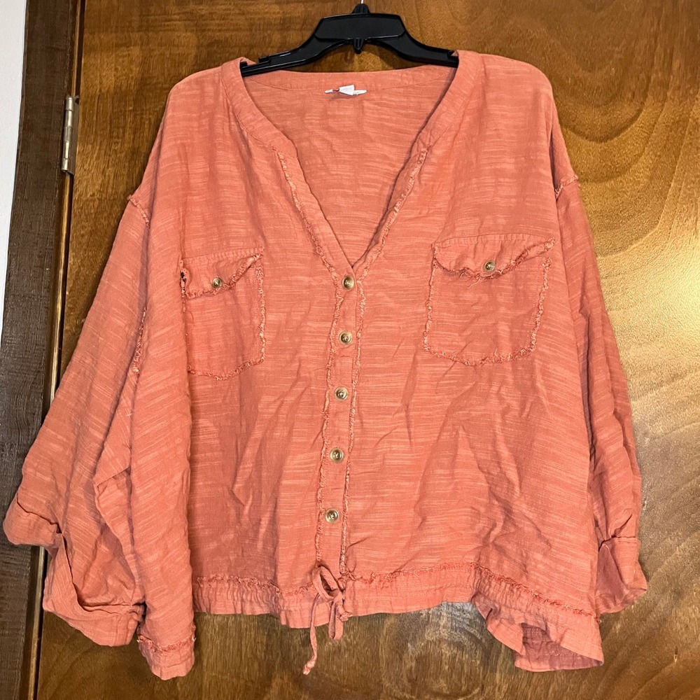 Cato Button Down Top Tie Waist Rust Women's Plus 26/28 V Neck